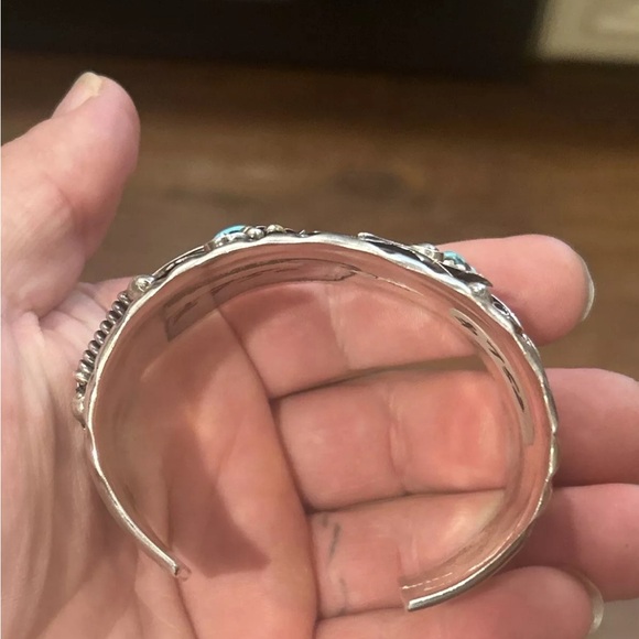 STERLING SILVER NATIVE AMERICAN VTG WIDE TURQUOISE FLORAL CUFF BRACELET 100g 925 - Picture 10 of 15